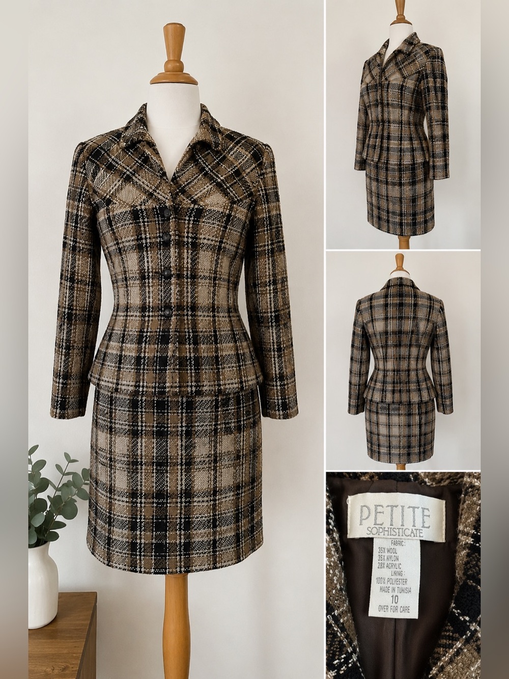 Vintage Petite Sophisticate Brown Plaid Tweed Skirt Suit Set Petite 10
